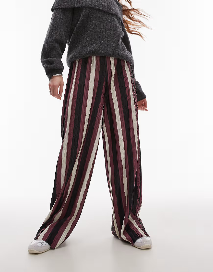 Topshop stripe plisse wide leg trouser in burgundy-Red | ASOS (Global)