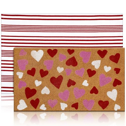 Moucuny 2 Pcs Valentine's Day Coir Welcome Doormat Outdoor Valentine's Day Rug Layered Red and White Stripe Mat Red Heart Mat for Front Porch Outdoor Entryway | Amazon (US)
