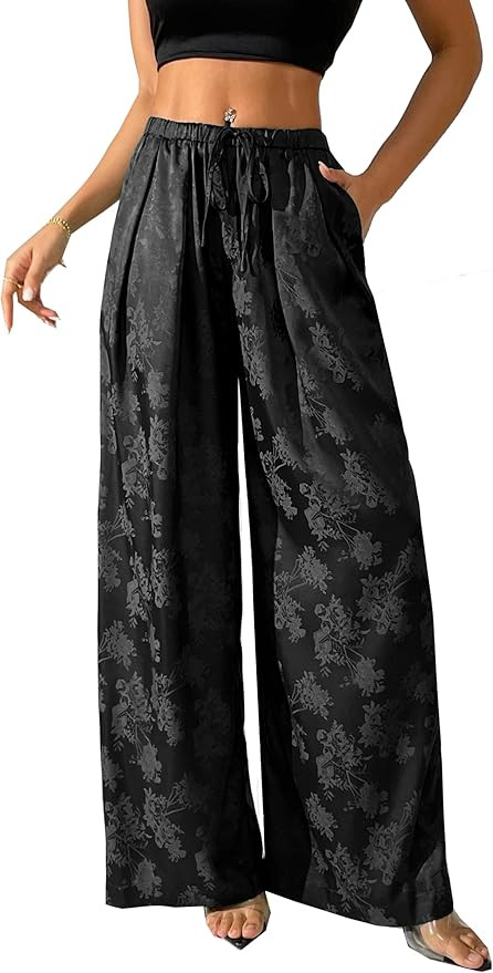 Women's Satin Wide Leg Pants Floral Textured Silky Casual Slacks High Waist Pants | Amazon (US)