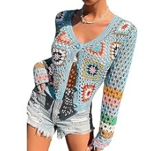 Cozyease Women's Floral Pattern Hollow Out Button Front Open Knit Cardigan V Neck Long Sleeve Car... | Amazon (US)