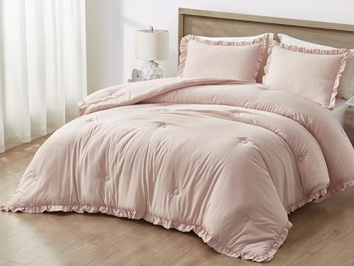 Chezmoi Collection Nora Blush Comforter Set Oversized Queen 3-Piece Lightweight Soft Stone-Washed Ruffled Shabby Chic Bedding for All Season | Amazon (US)