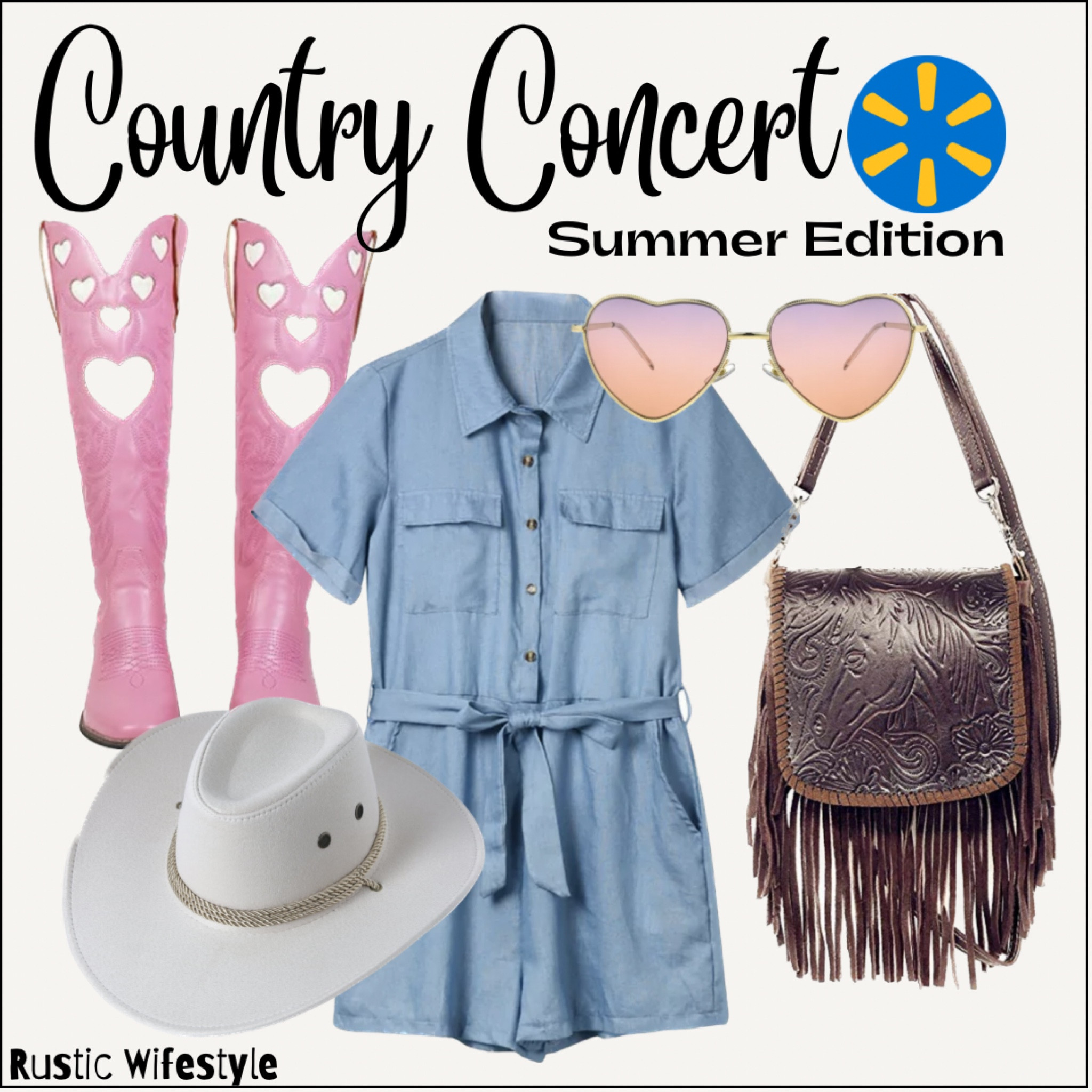 Country concert chic, pink cowboy boots, Lainey Wilson concert outfit, heart sunglasses, fringe purse, summer concert, denim romper, Walmart #walmartfinds #walmartfashion #countryconcert #pinkcowboyboots #denimromper

#LTKFind #LTKstyletip #LTKshoecrush