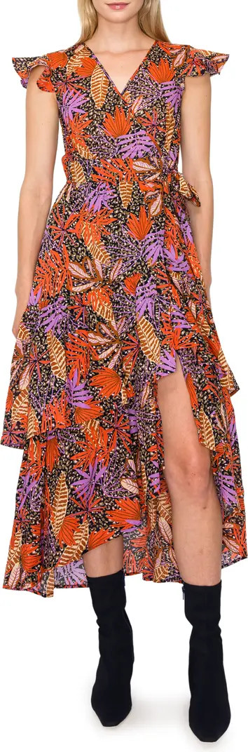 Floral Print Flutter Sleeve Faux Wrap Midi Dress | Nordstrom