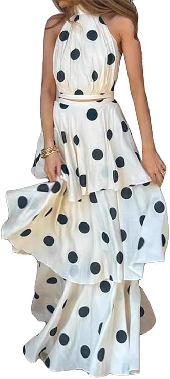 Qikaka Women's 2 PCS Polka Dots Crop Tops Bodycon Tiered Ruffle Skirts Sexy Nightclub Party Dress... | Amazon (US)