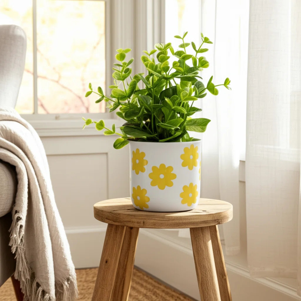 Stoneware Ceramic Planter With Raised Floral Design - Modern Decorative Single Pot For Stylish In... | Wayfair North America