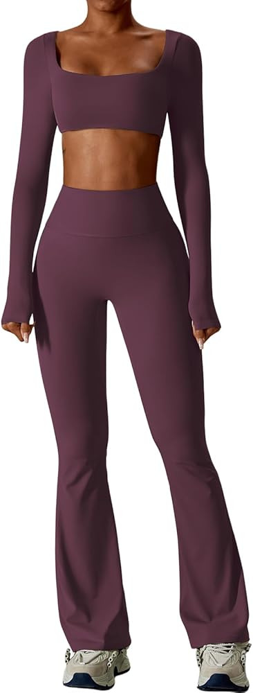 ABOCIW Workout Sets for Women 2 Piece Square Neck Long Sleeve Crop Tops High Waist Flared Legging... | Amazon (US)