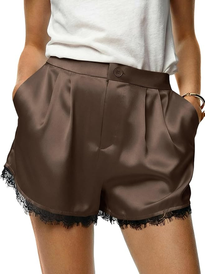 Tankaneo Womens Satin Silk Shorts Summer Casual High Waist Lace Button Lounge Shorts with Pockets | Amazon (US)