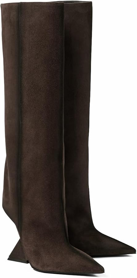 Women's Knee High Boots Suede Wedge High Heel Long Booties Wide Calf Pointed Toe Block Heel Booti... | Amazon (US)