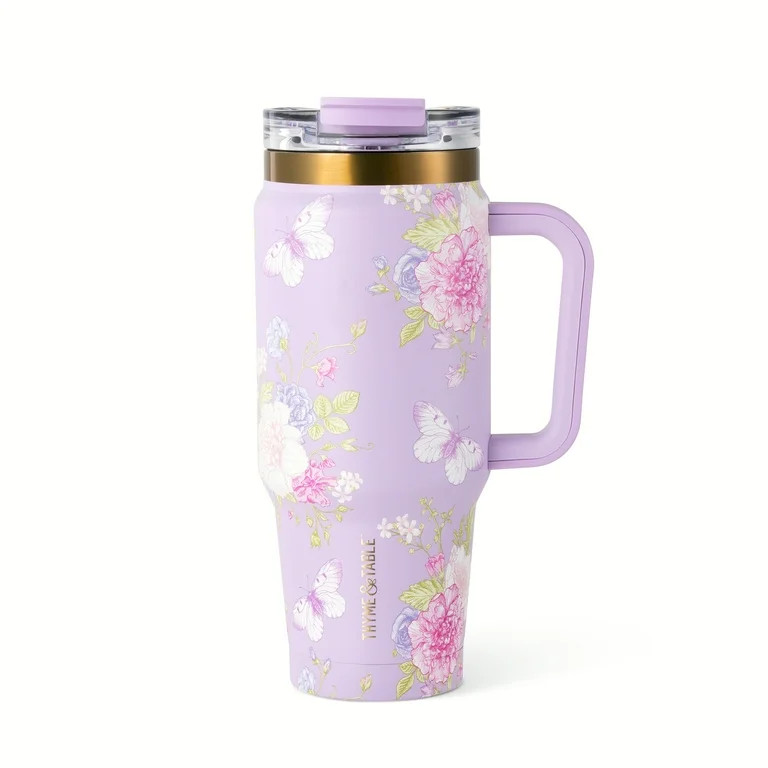 Thyme & Table 32oz Tumbler with Handle, Dual Straw Lid, Stainless Steel Double Wall, Butterfly | Walmart (US)