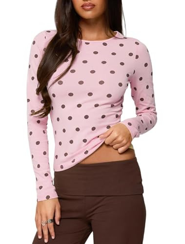 Women Polka Dot Top Long Sleeve Crewneck Y2K Crop Tops Dots Print Stretch Slim Fit T Shirts(Basic Pink,X-Large) | Amazon (US)