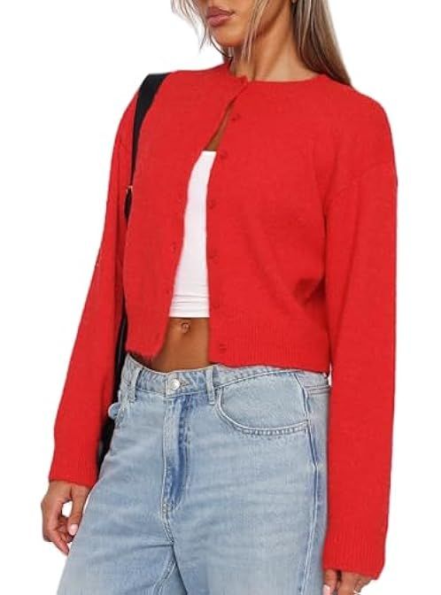 Women's Casual Crop Knit Cardigan Y2K Cute Long Sleeve Crewneck Open Front Button Down Cardigan S... | Amazon (US)