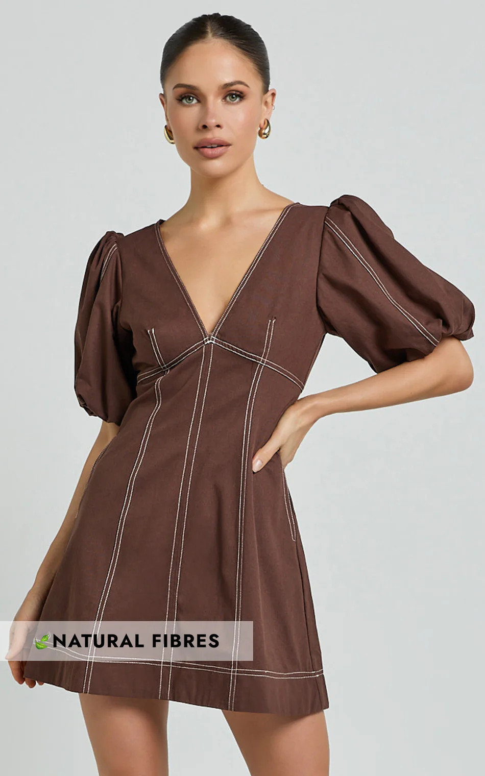 Tallie Mini Dress - Linen Puff Sleeve A Line Dress in Chocolate | Showpo (US, UK & Europe)