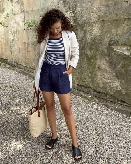 Italy summer outfit 🇮🇹 Cute with or without the blazer! High waisted navy linen shorts are from Mango, top is from banana republic factory,  shoes are t.j.Maxx, bag is from Madewell, and the blazer is old from H&M - linking some similar items!

#LTKFindsUnder100 #LTKSeasonal #LTKTravel