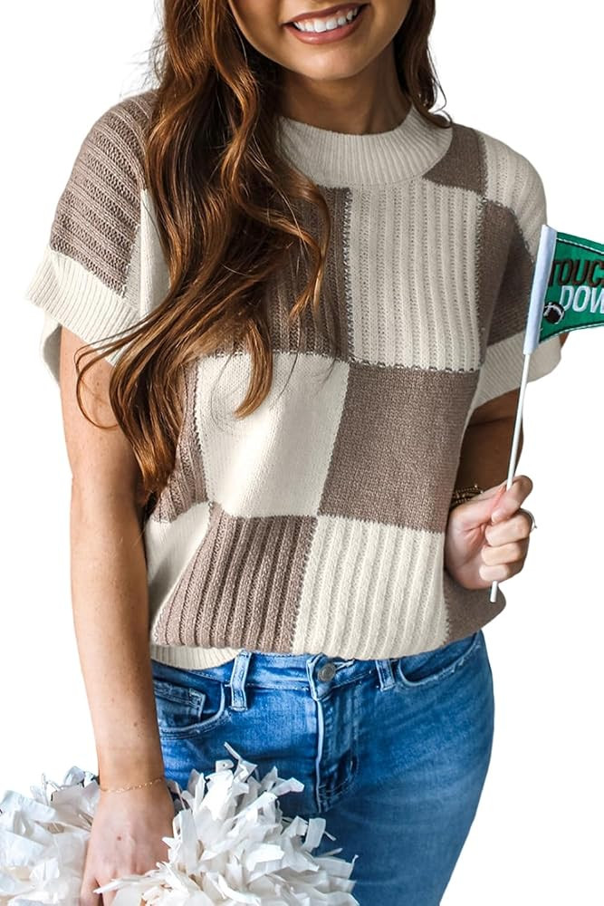 SELINK Women's Casual Checkered Color Block Crew Neck Short Sleeve Sweater Plaid Daily Tunic Tops | Amazon (US)