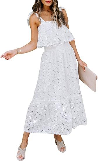 BerryGo 2021 Women's Boho Spaghetti Strap Beach Dress Embroidery Off Shoulder Ruffle Midi Dress w... | Amazon (US)