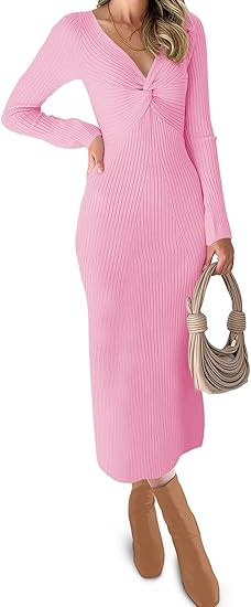 RAISECOM Womens Ribbed Knit Maxi Dresses Long Sleeve V Neck Casual Sweater Dress Bodycon Midi Dre... | Amazon (US)