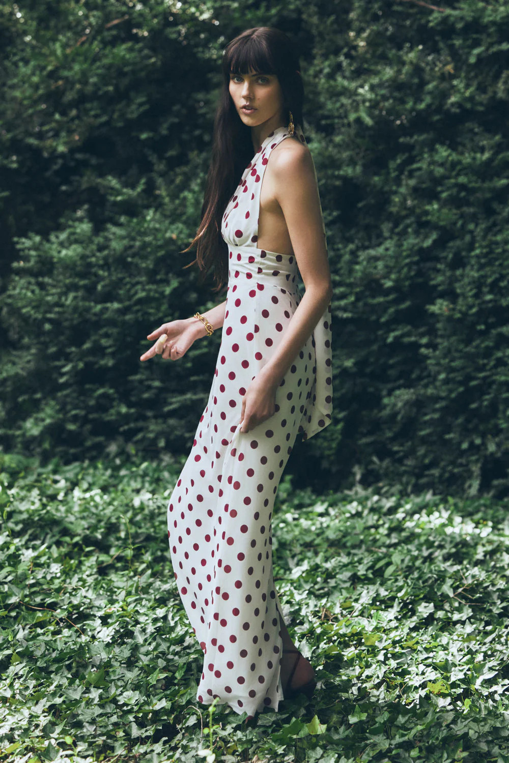 Halter Chiffon Maxi Dress - Ivory/Merlot Polka Dot | MESHKI US