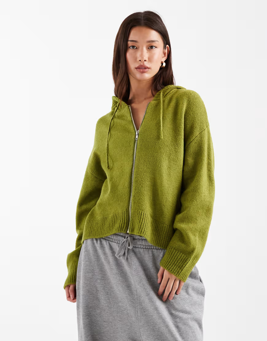 ASOS DESIGN fluffy knitted zip up hoodie in olive-Green | ASOS (Global)