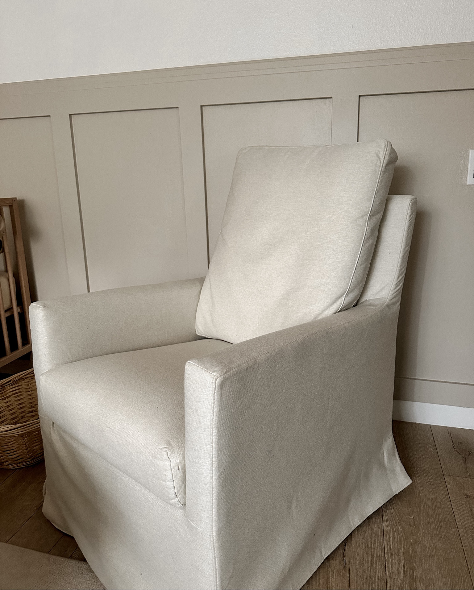 This glider is super comfortable! It swivels and rocks. My favorite part is that it doesn’t look like a glider at all! The base is covered with fabric and doesn’t give it away! 

#LTKBump #LTKHome #LTKBaby