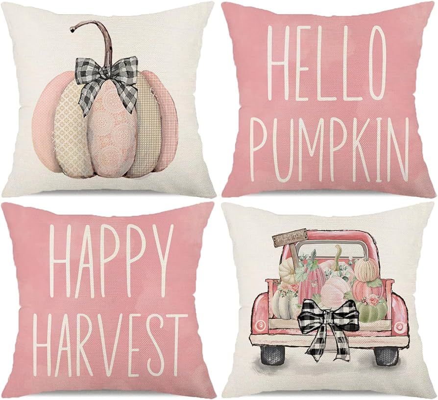 Fall Pumpkin Pillow Covers 18x18 Set of 4 Happy Harvest Watercolor Pink Truck Pumpkin Flower Pill... | Amazon (US)
