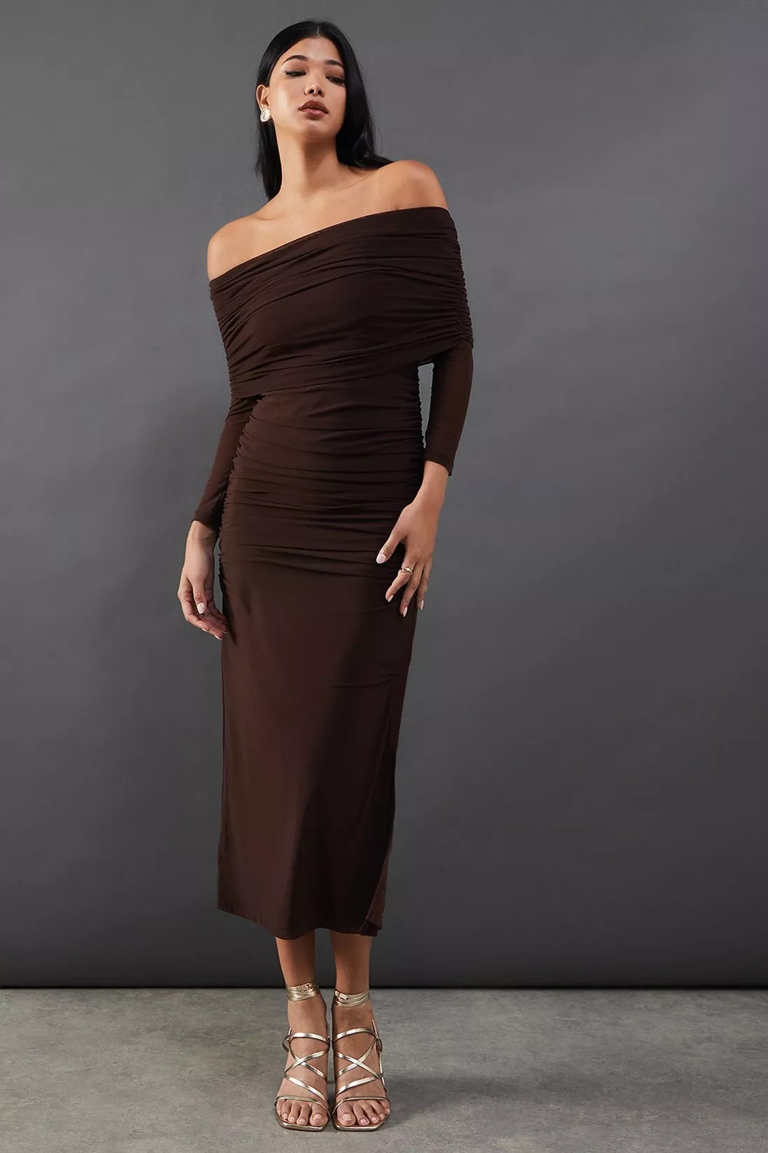 Mesh Ruched Bardot Maxi Dress | NastyGal UK