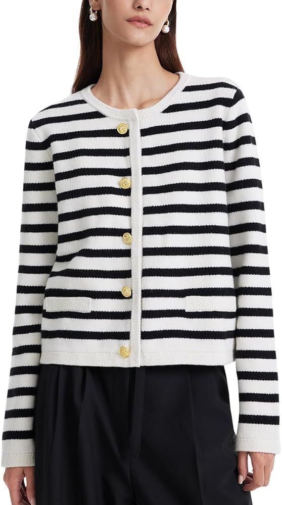 GOELIA Women's Striped Short Cardigan Sweater, Crewneck Button Up Knit Wool Sweaters | Amazon (US)