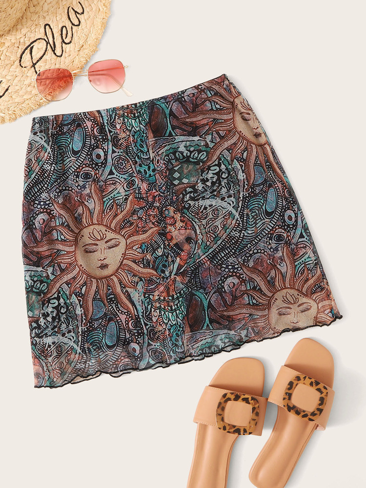 Abstract Print Lettuce Trim Mesh Skirt | SHEIN