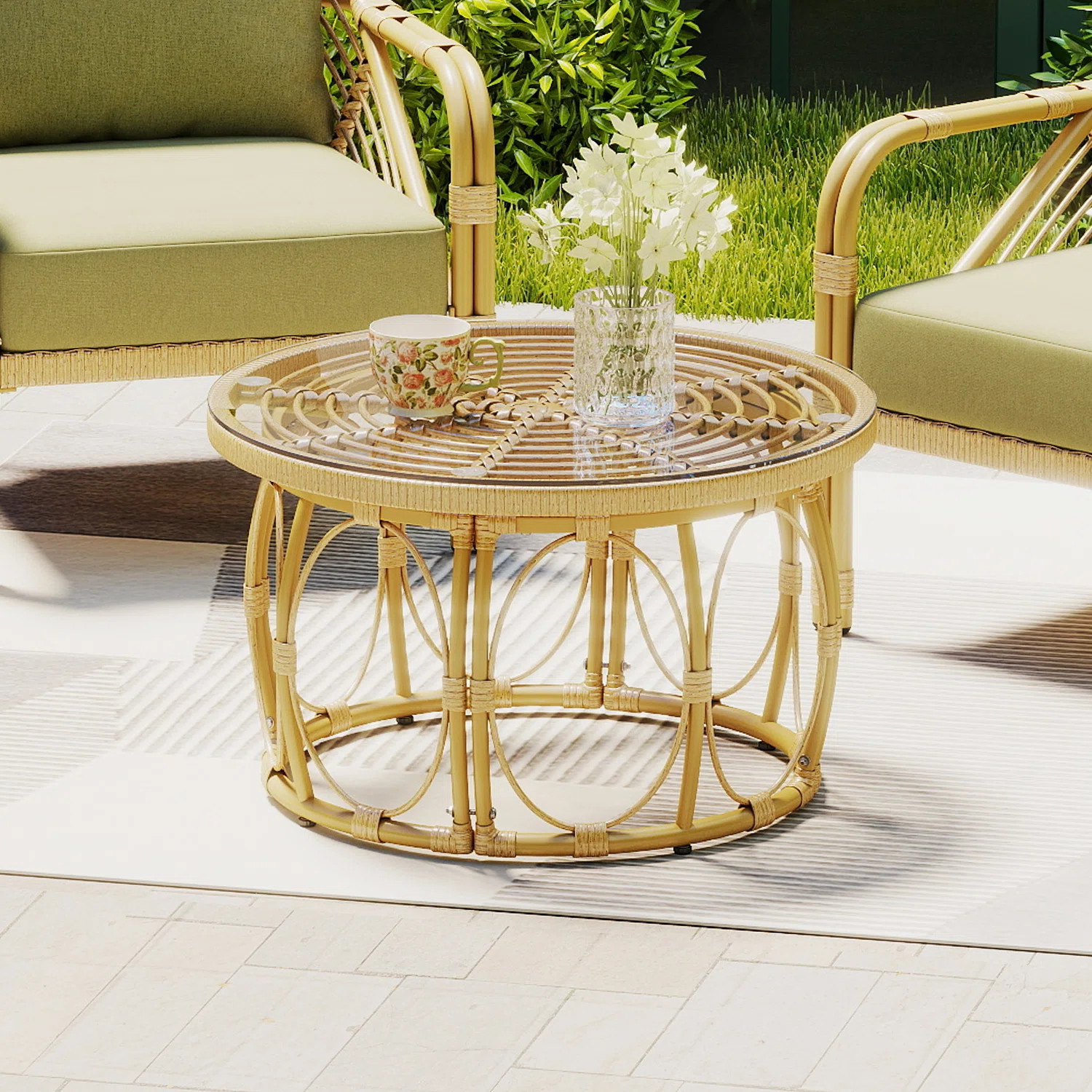26.8'' W All Weather Polyethylene (PE) Rattan Round Indoor/Outdoor Coffee Table With Glass Top an... | Wayfair North America