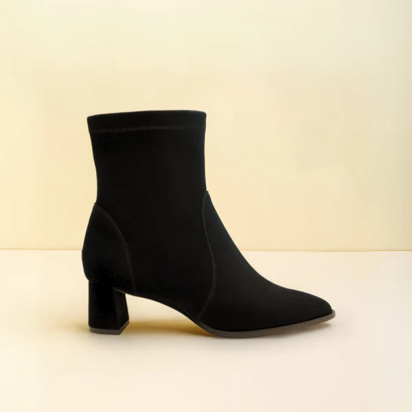 Black Suede Lower Block Sock Bootie | ALLY Shoes