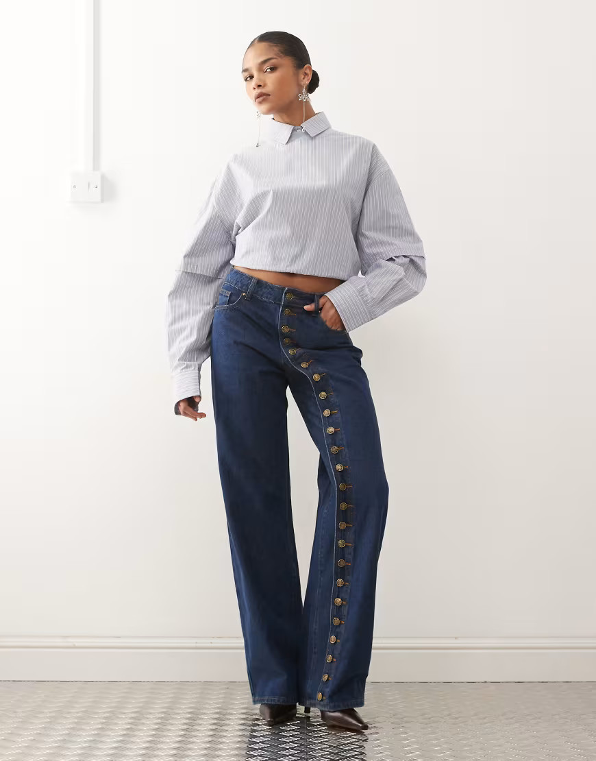 Lioness Penny asymmetric button detail wide leg jeans co-ord in mid wash-Blue | ASOS (Global)