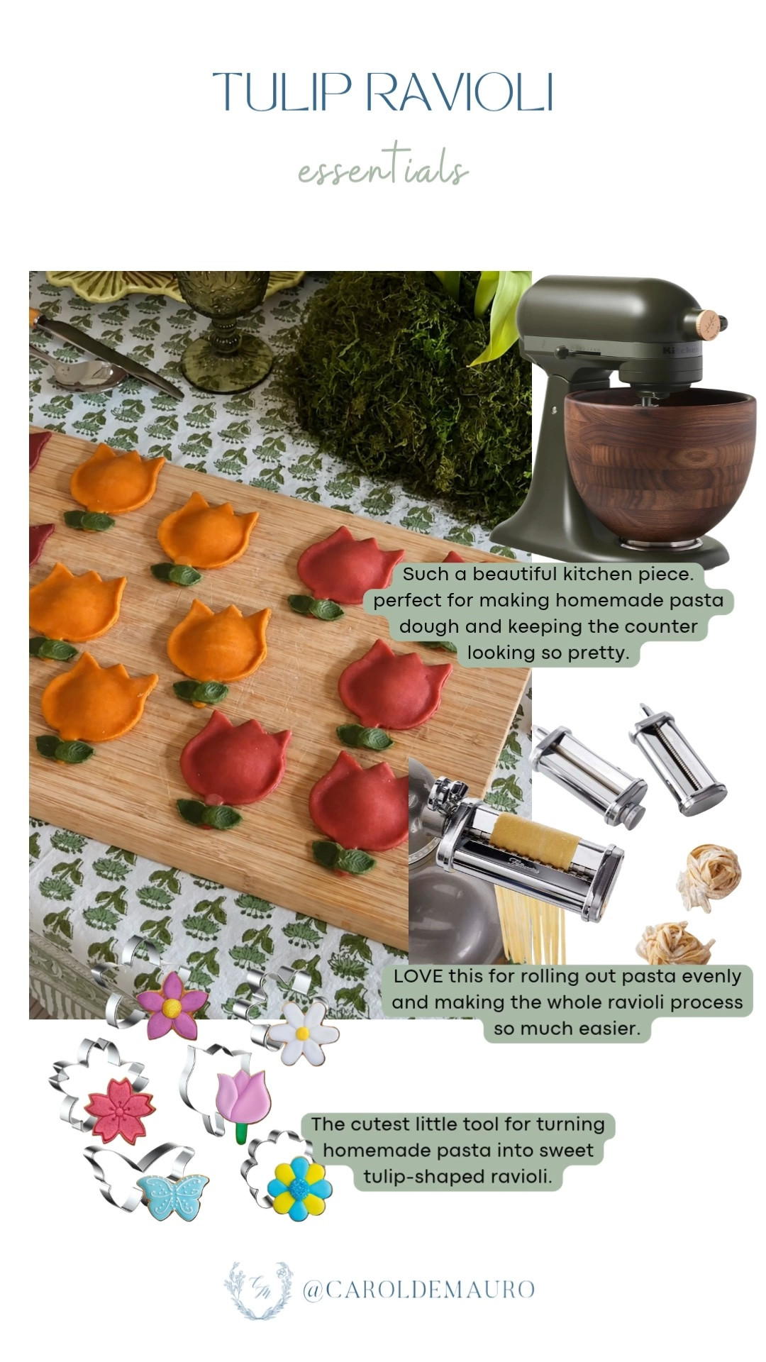 This tulip ravioli is almost too pretty to eat! The pasta roller attachment and flower cutters make homemade pasta so much fun and so easy to shape.

homemade pasta, pasta making, KitchenAid mixer, cookie cutters, homemade ravioli, kitchen essentials, cooking at home, creative food

#LTKfoodie #LTKHome