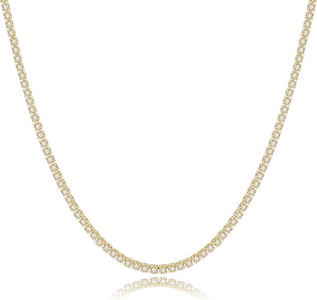 HANLI Tennis Necklace 18K Gold Plated Magnificent Round Cubic Zirconia Tennis Choker Necklace for Wo | Amazon (US)