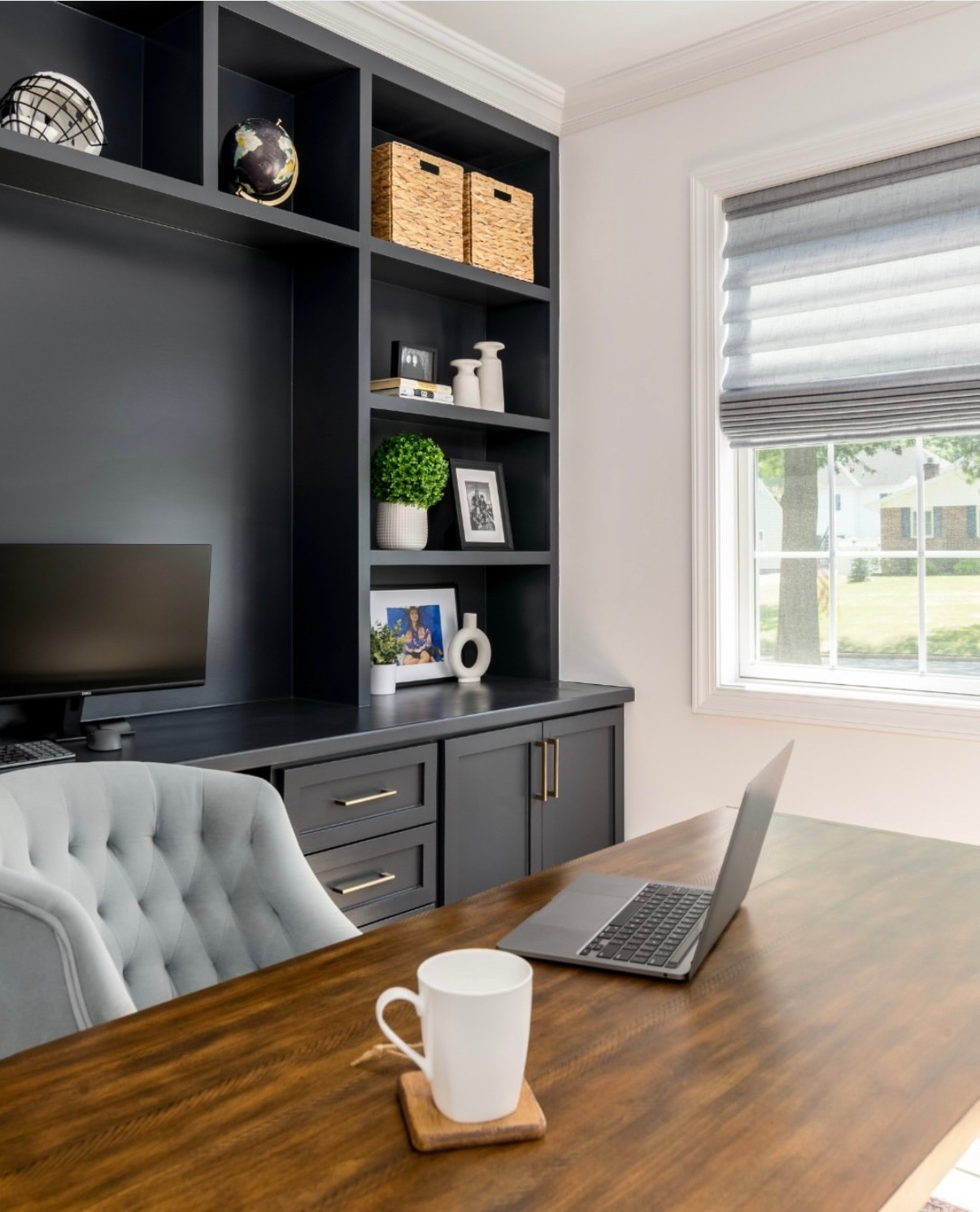 ✨ Work-from-home, but make it chic. ✨ Loving the contrast of dark built-ins, natural textures, and soft neutrals—it’s giving elevated focus space with just the right touch of cozy. 🖤🤍🌿 

#LTKHome #LTKStyleTip #LTKFindsUnder100