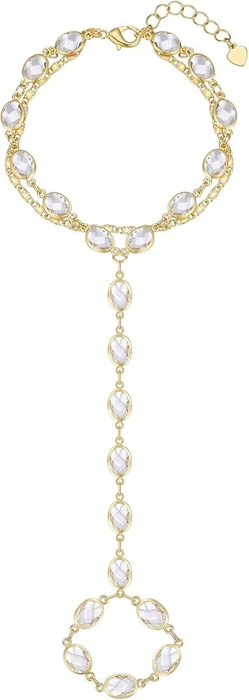 Dainty Gold Hand Chain Bracelets for Women Waterproof,14K Gold Plated Ring Bracelet Hand Chain Se... | Amazon (US)