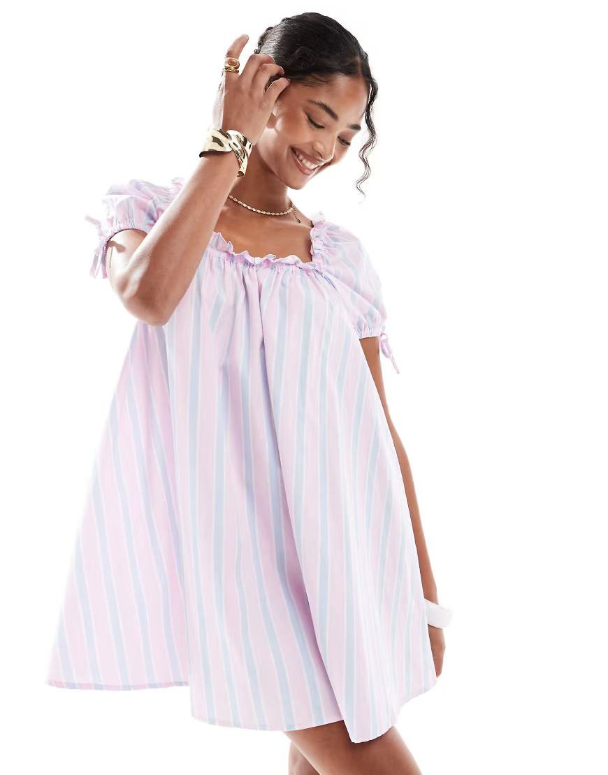 New Look stripe square neck poplin mini dress in pink and blue | ASOS (Global)