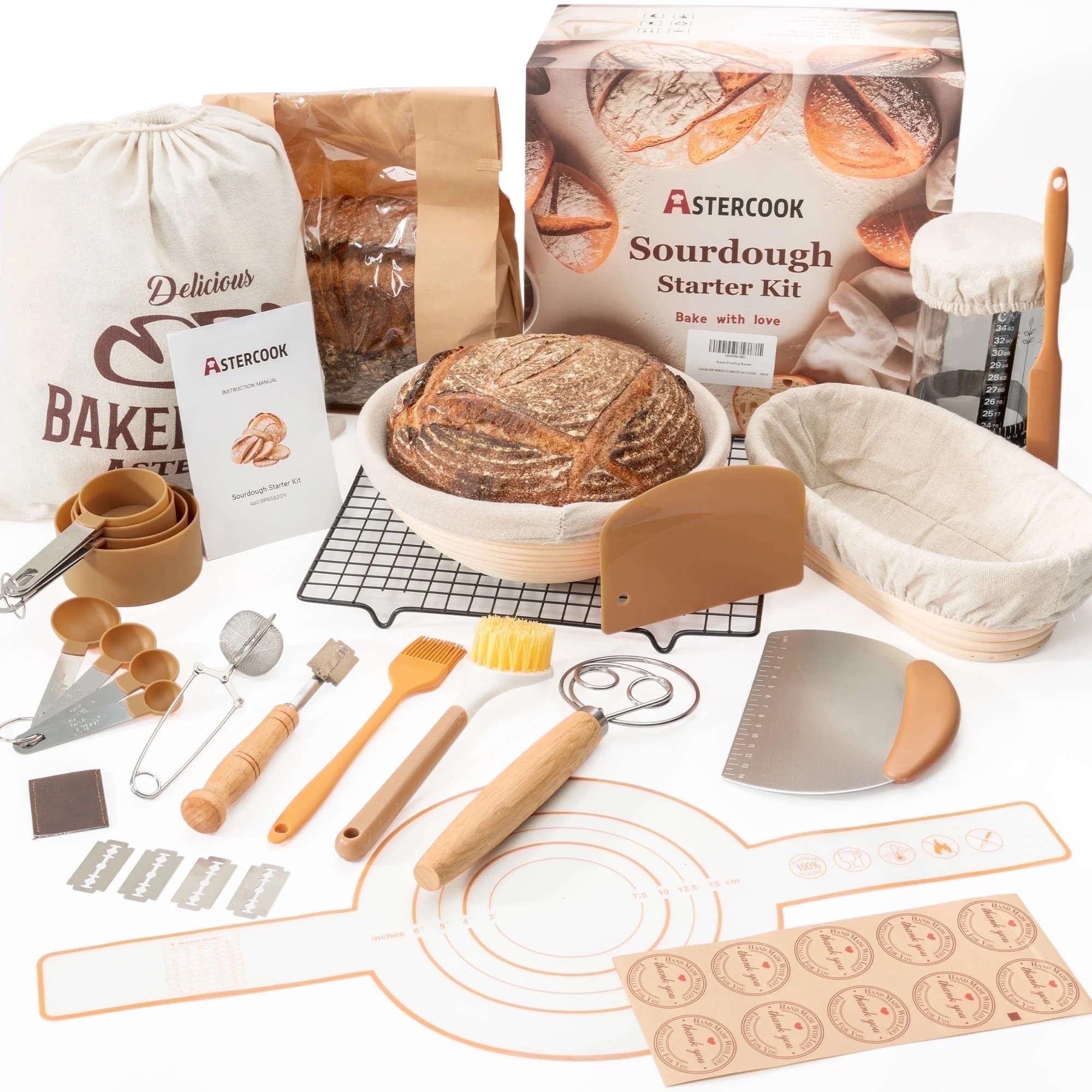 Astercook 56-Piece Sourdough Starter Kit with Round & Oval Banneton Bread Proofing Baskets, Sourd... | Walmart (US)