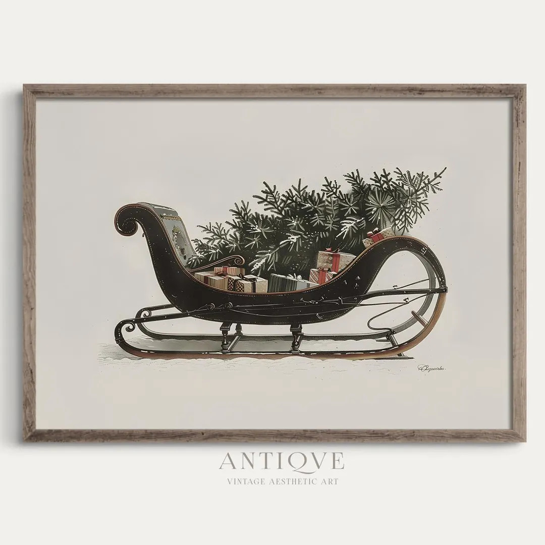 Vintage Sleigh With Christmas Tree Printable Christmas Botanical Art Rustic Decor Farmhouse Digit... | Etsy (US)