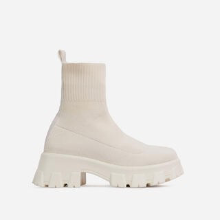 Don't-Trust Chunky Sole Ankle Chelsea Sock Biker Boot In Nude Knit | EGO Shoes (US & Canada)