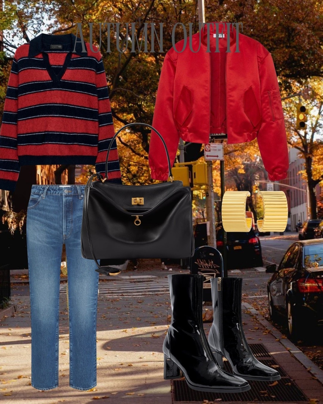 Autumn outfit, patent boots, balenciaga bag, bomber jacket, red jacket, striped top, gold earrings, rodeo bag

#LTKautumn #LTKFashionMonth