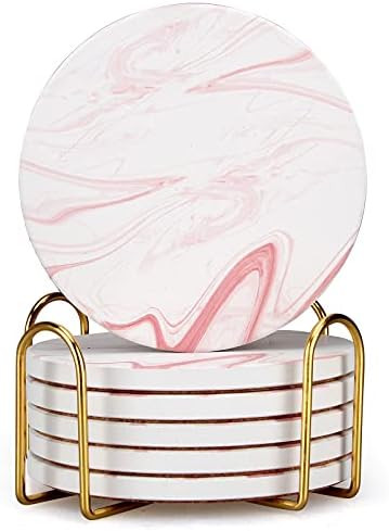6 Pcs Cute Pink Marble Coasters with Holder Absorbent Ceramic Cup Coasters Best Decorative Round Coo | Amazon (US)