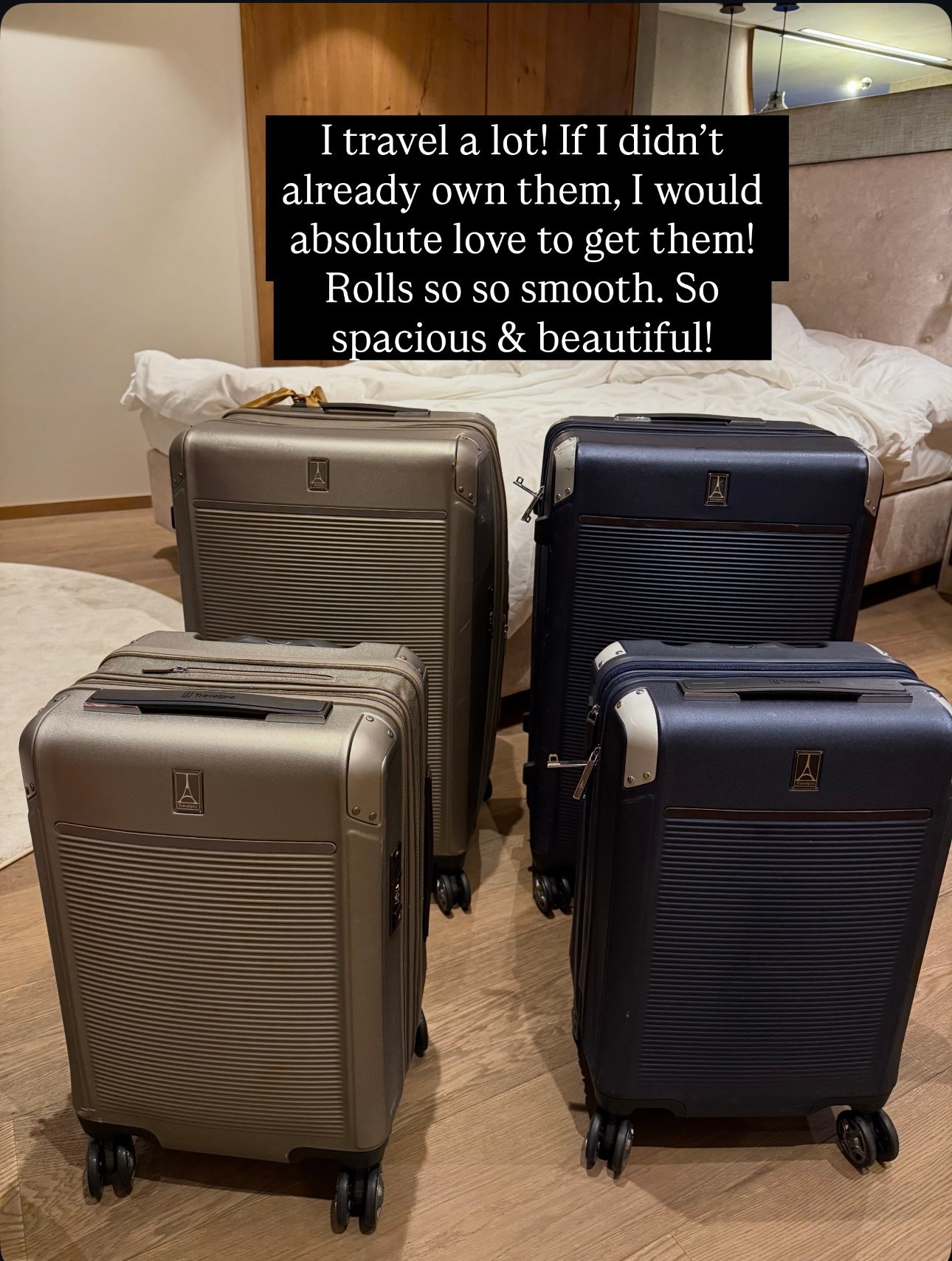 Amazing quality travel bags 
Rolls so smoothly and it’s so spacious inside 
All sizes have an extension option 
Mine are Carry on size 21 
And check bag size 28 inches 

#LTKTravel #LTKGiftGuide #LTKHoliday