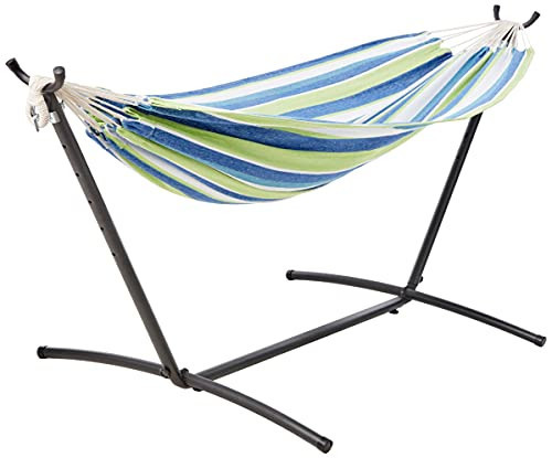 Amazon Basics Double Hammock with 9-Foot Space Saving Steel Stand and Carrying Case, 2 Person, 450 lb Capacity, Cotton Polyester, Oasis Stripe, 110" x 47" x 43" | Amazon (US)