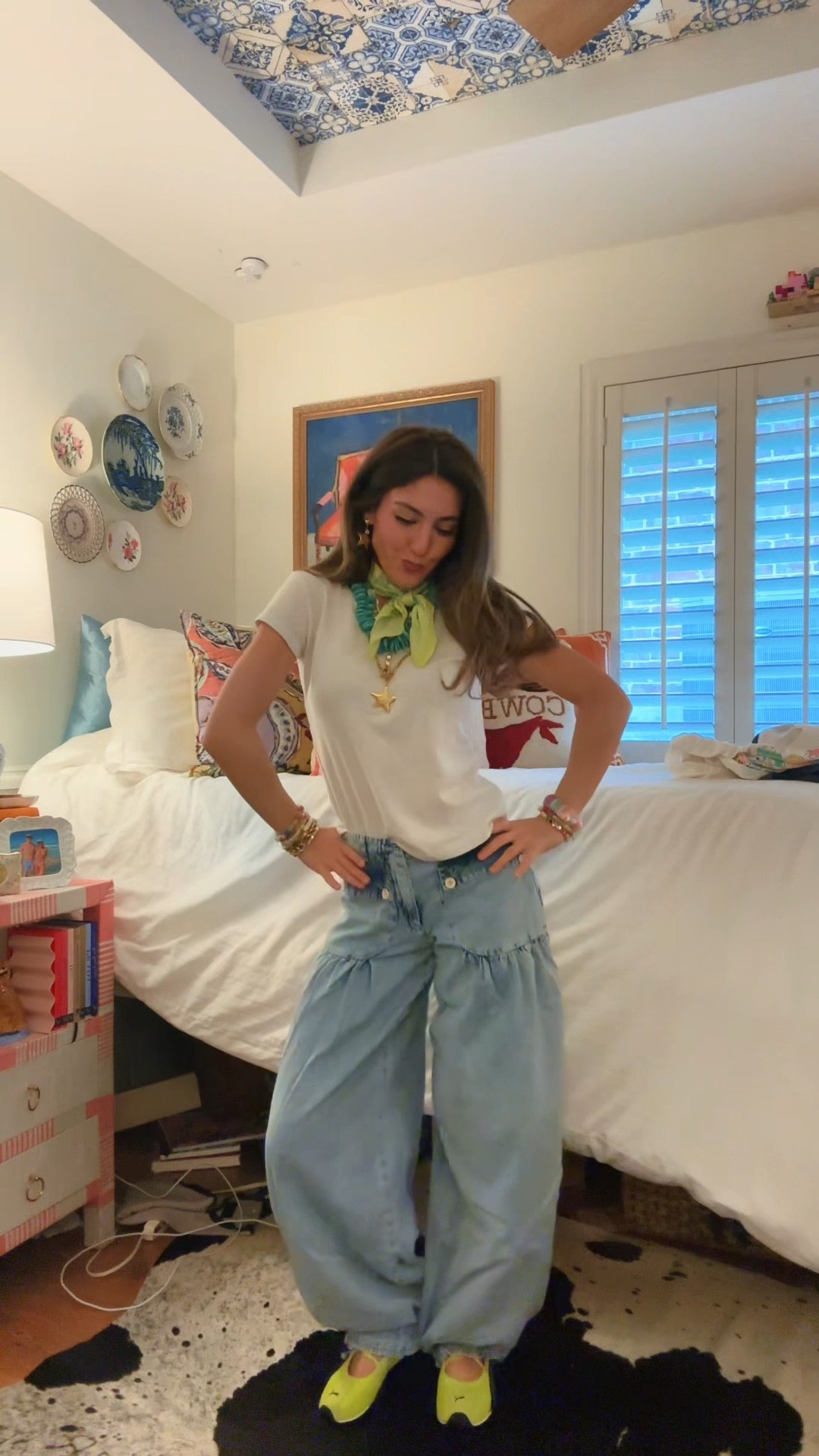Wearing vs styling! 
I’m 5’2 wearing a 24 in the jeans! 
My top is from Brandy Melville and my turquoise necklace is from shopfaceeast.square.site 

My neck scarf is from Favor The Kind I think? 

#LTKPetite #LTKSaleAlert #LTKootd