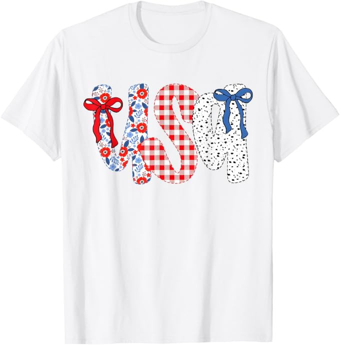 USA Flag 4th of July Coquette Bow Floral Patriotic Girl T-Shirt | Amazon (US)