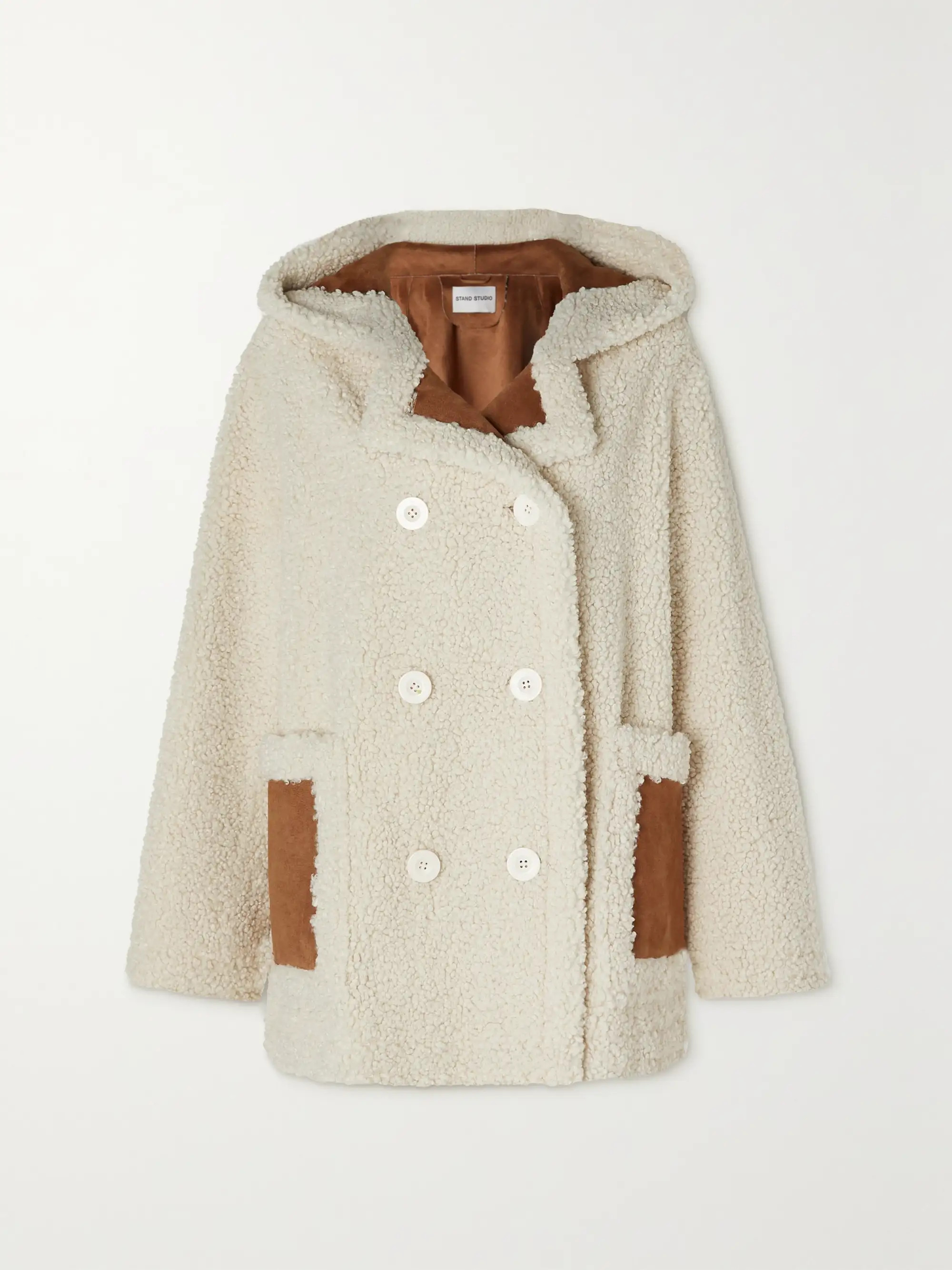 Off-white Khalessi hooded double-breasted faux suede-trimmed faux shearling coat | STAND STUDIO |... | NET-A-PORTER (UK & EU)