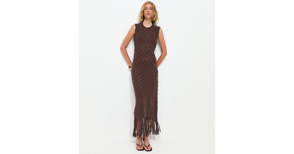 Dark Brown Crochet Fringe Hem Maxi Dress | New Look | New Look (UK)