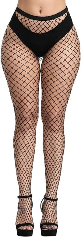Pareberry Women's High Waisted Fishnet Tights Sexy Wide Mesh Fishnet Stockings | Amazon (US)