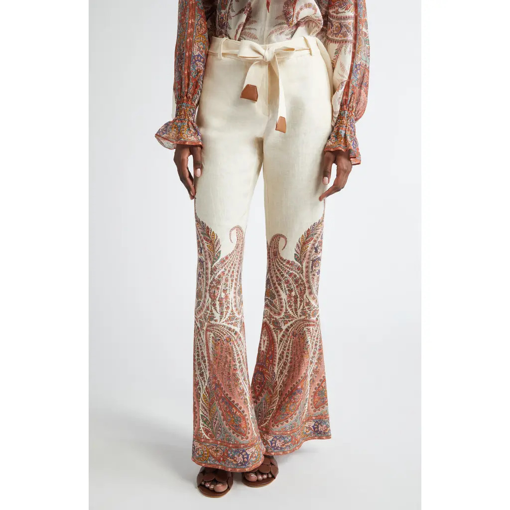 Zimmermann Rhiannon Paisley Print Belted Linen Flare Pants in Cream Paisley at Nordstrom, Size 4 | Nordstrom