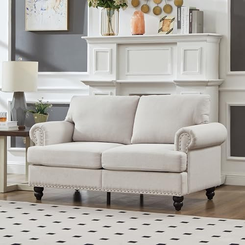 Yuxuanhang 59.5" Modern Classic Design Love Seat Sofa Couch, Living Room Loveseat Fabric Couch with Nails and Round Arm, Upholstered Polyester, Beige | Amazon (US)