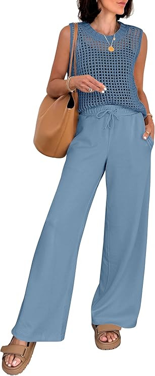 ANRABESS Women 2 Piece Summer Outfits 2026 Crochet Sweater Vest Wide Leg Pants Lounge Matching Se... | Amazon (US)